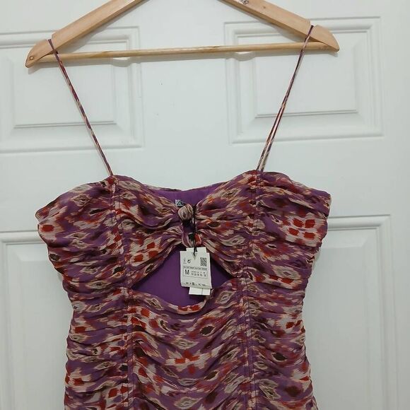 Zara womens small ruched tube square neck mini dress purple red - Picture 3 of 8